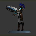 Game Character Nova Ray Blue Hair Armored Outfit Wielding Large Futuristic Gun on Green Base