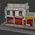 Cartoon Scene of Two Story Standard Oil Company Building With Red Roll Up Doors