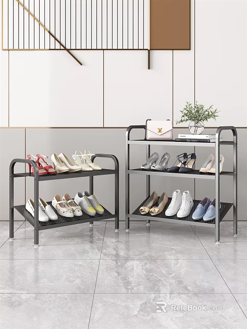 Modern Metal Shoe Rack with Multiple Mesh Shelves and Shoes Handbag Potted Plant 3d model 