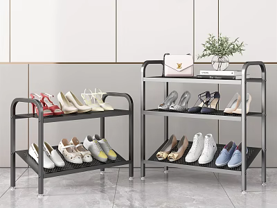 Modern Metal Shoe Rack with Multiple Mesh Shelves and Shoes Handbag Potted Plant 3d model