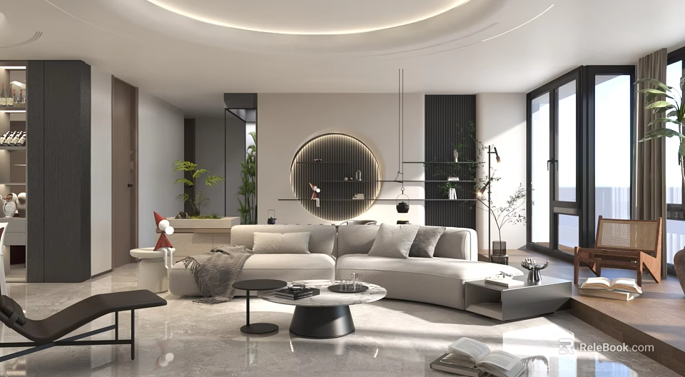 Modern Living Room Interior With Beige Sofa Round Mirror Coffee Table And Plants 3d model 