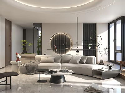 Modern Living Room Interior With Beige Sofa Round Mirror Coffee Table And Plants 3d model