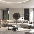 Modern Living Room Interior With Beige Sofa Round Mirror Coffee Table And Plants
