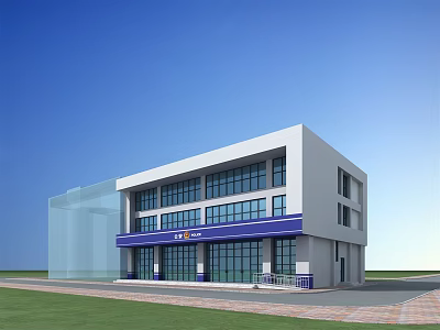 Modern Two Story Building With White Exterior Blue Accents Large Windows And Green Lawn 3d model