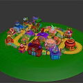 Colorful Small Buildings in Children's Playground with Yellow Paths and Green Turf Area