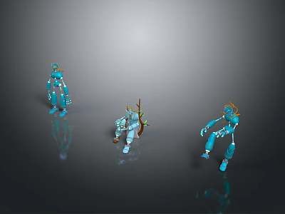 Three Blue Robotic Characters And Creatures In Standing Sitting Jumping Poses 3d model