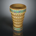 Golden Stacked Bracelets With Blue Green Gemstone Inlays And Carved Patterns