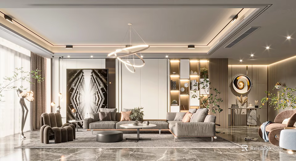 Modern Living Room Interior Design With Sofa Coffee Table Chandelier And Green Plants 3d model 