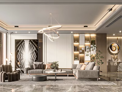 Modern Living Room Interior Design With Sofa Coffee Table Chandelier And Green Plants 3d model