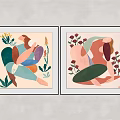 Two Panel Abstract Paintings Featuring Colorful Framed Floral Elements And Human Figures 3d model