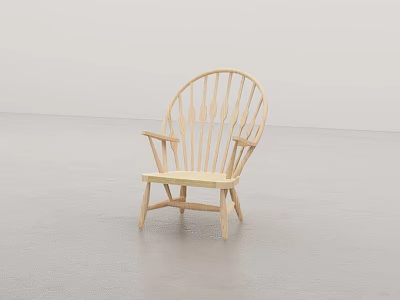 Wooden Leisure Chair With Simple Design Curved Backrest Armrests Grey Floor And White Wall 3d model