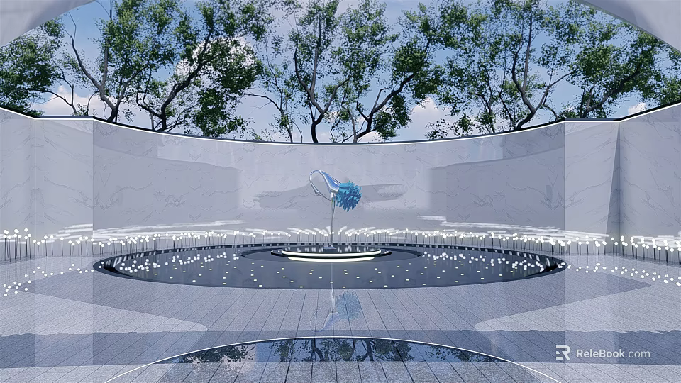 Blue Flower Shaped Sculpture in Circular Pool Surrounded by Trees and White Walls with Reflections 3d model 