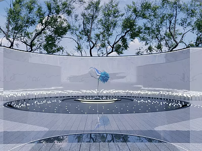 Blue Flower Shaped Sculpture in Circular Pool Surrounded by Trees and White Walls with Reflections 3d model