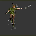Woman in Green Outfit With Feathered Hat Holding Spear Jumping With Glowing Stars Around