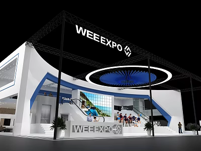 Modern WEEEXPO Exhibition Booth With White And Blue Design Staircase Display Screen And People Around 3d model