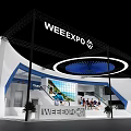 Modern WEEEXPO Exhibition Booth With White And Blue Design Staircase Display Screen And People Around