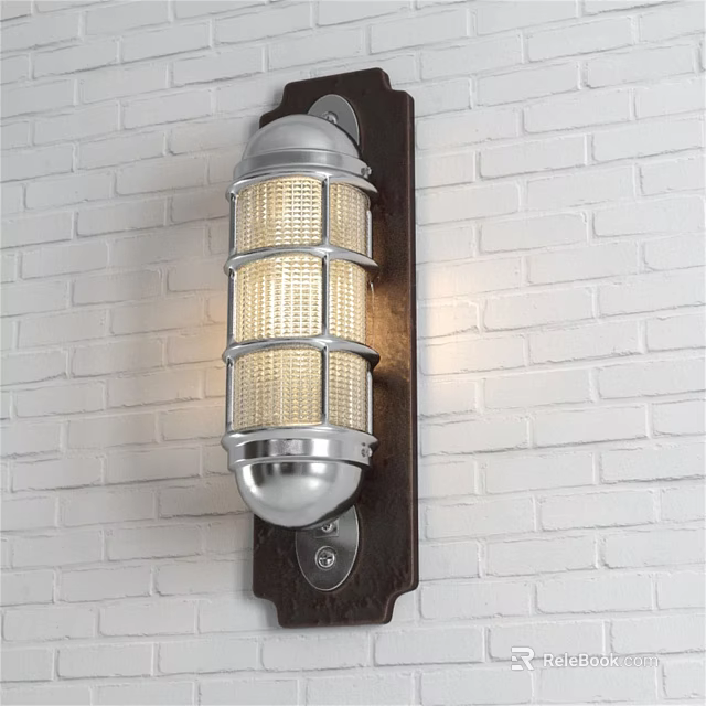 Modern Industrial Wall Lamp With Metal Mesh Shade And Warm Light On White Brick Wall 3d model 