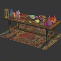 Wooden Dining Table With Food Platters Bottles And Decorative Items On Patterned Rug