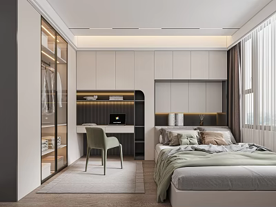 Modern Minimalist Tatami Bedroom Interior With Built in Wardrobe Work Desk And Comfortable Bed 3d model