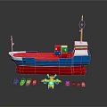 Colorful Toy Ship With Containers Surrounded By Small Toy Cars And Airplane