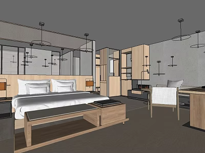 Modern Minimalist Bedroom Interior With Double Bed Wooden Furniture And Gray Tones 3d model