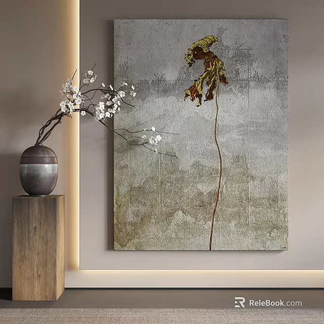 Abstract Painting With Gray Background Yellow Flower Vertical Design And Wooden Pedestal Vase White Blossoms 3d model 