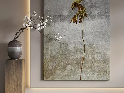 Abstract Painting With Gray Background Yellow Flower Vertical Design And Wooden Pedestal Vase White Blossoms 3d model