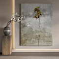 Abstract Painting With Gray Background Yellow Flower Vertical Design And Wooden Pedestal Vase White Blossoms