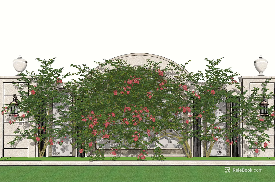 Lush Vines With Red Flowers Adorning Arched White Structure And Green Lawn 3d model 