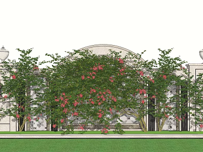 Lush Vines With Red Flowers Adorning Arched White Structure And Green Lawn 3d model