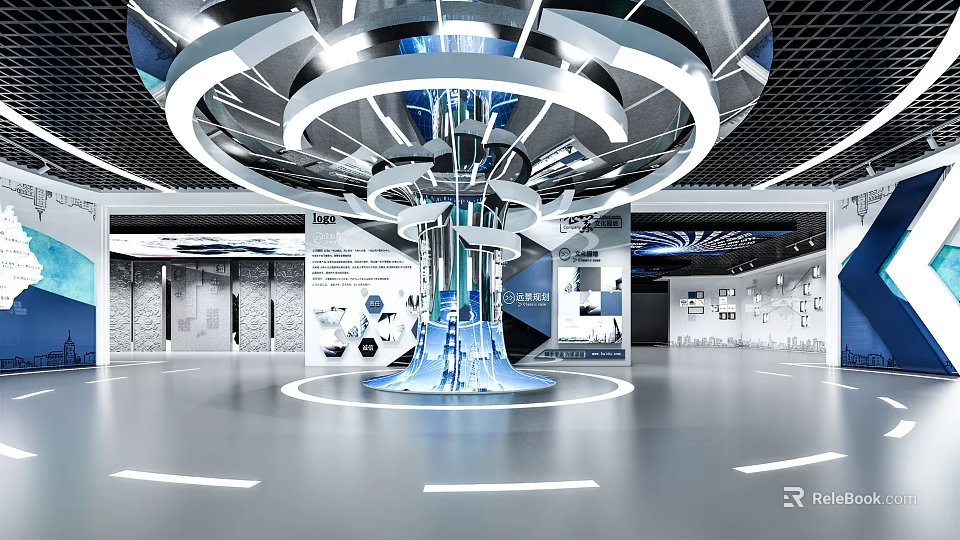 Modern Exhibition Hall With Futuristic Central Circular Structure And Blue Lighting Elements 3d model
