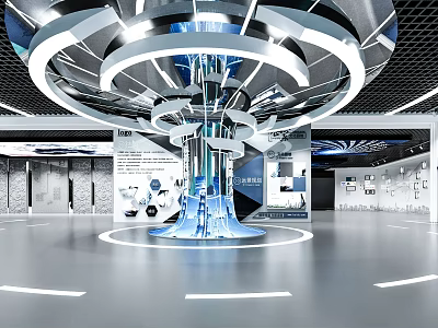 Modern Exhibition Hall With Futuristic Central Circular Structure And Blue Lighting Elements 3d model