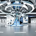 Modern Exhibition Hall With Futuristic Central Circular Structure And Blue Lighting Elements 3d model