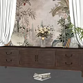 Vintage Wooden TV Stand with Drawers and Cabinets Plant Wall Art Curtains and Books