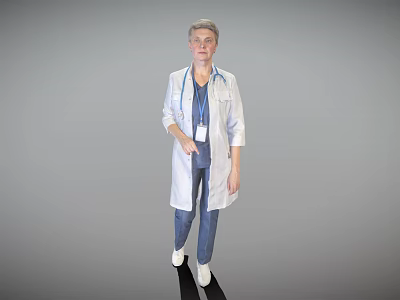 Woman doctor in white coat with stethoscope ID badge wearing blue scrubs and white shoes 3d model