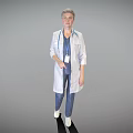 Woman doctor in white coat with stethoscope ID badge wearing blue scrubs and white shoes
