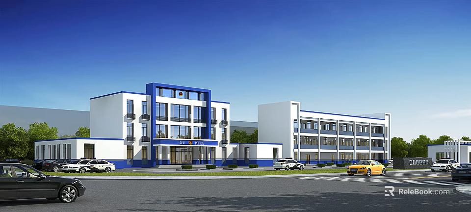 Modern Office Building With Blue And White Exterior Multi Storey Large Glass Windows Parking Lot And Cars 3d model 