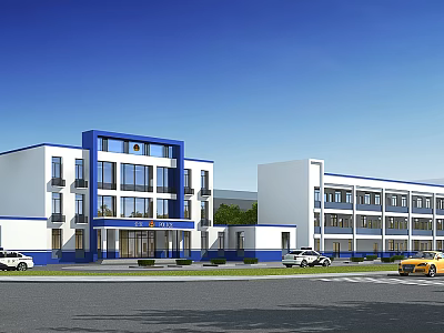Modern Office Building With Blue And White Exterior Multi Storey Large Glass Windows Parking Lot And Cars 3d model