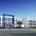 Modern Office Building With Blue And White Exterior Multi Storey Large Glass Windows Parking Lot And Cars