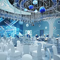 Elegant Modern Banquet Hall Interior With Crystal Chandeliers And White Dining Tables