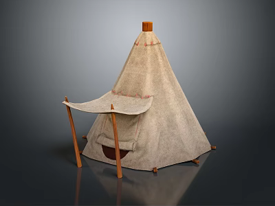 Natural Canvas Tepee Tent With Wooden Poles And Side Awning Design 3d model