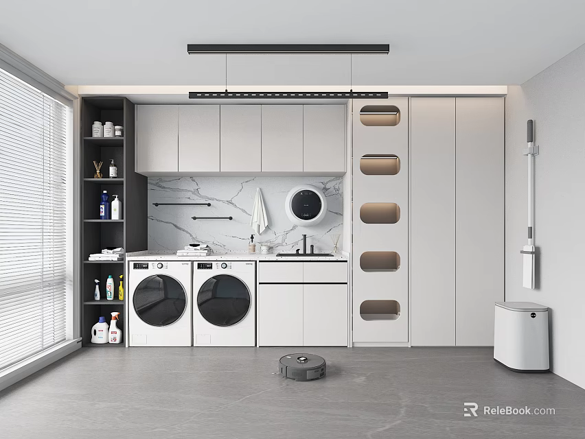 Home Balcony Interior With Washing Machine Dryer Marble Countertop White Cabinets Shelves Robot Vacuum Blinds 3d model 