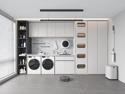 Home Balcony Interior With Washing Machine Dryer Marble Countertop White Cabinets Shelves Robot Vacuum Blinds 3d model