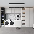 Home Balcony Interior With Washing Machine Dryer Marble Countertop White Cabinets Shelves Robot Vacuum Blinds