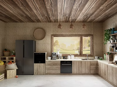 Rustic Kitchen Interior With Wooden Ceiling Stone Walls Black Appliances And Plants 3d model