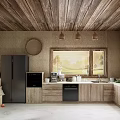 Rustic Kitchen Interior With Wooden Ceiling Stone Walls Black Appliances And Plants