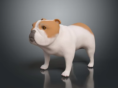 3D White and Brown Bulldog Model Standing on Shiny Black Surface with Grey Gradient Background 3d model