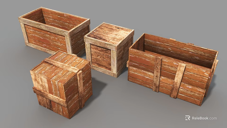 Rustic Wooden Boxes In Various Shapes With Natural Wood Texture And Solid Structure 3d model 