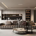 Modern Open Living Dining Room Interior With Large Windows Leather Sofa And Dark Cushions