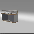 Retail Store Glass Display Case With Marble Countertop Golden Frame Lighting And White Tableware